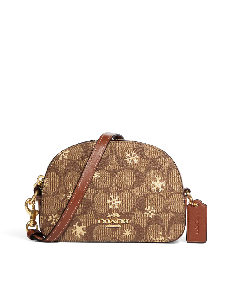 Coach Mini Serena Crossbody In Signature Canvas With Snowflake Print Khaki/Gold Multi