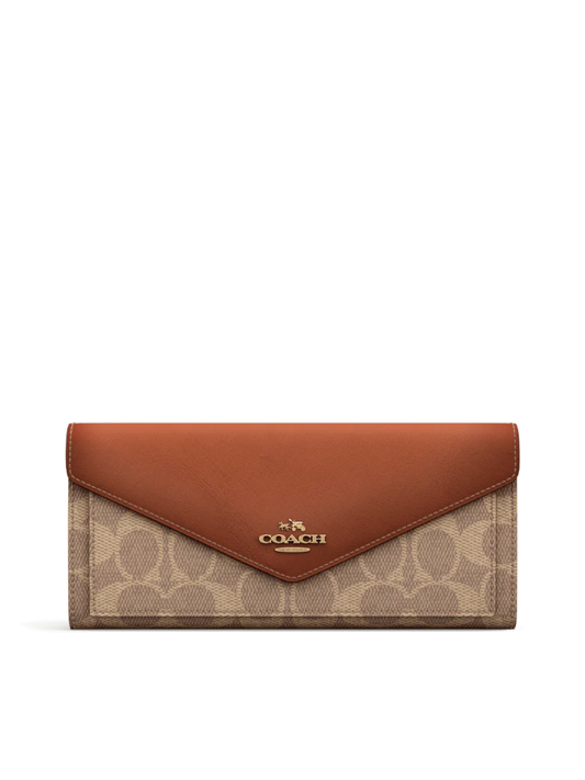 Coach Soft Wallet In Colorblock Signature Canvas Tan Rust