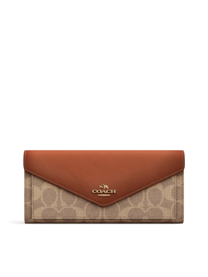 Coach Soft Wallet In Colorblock Signature Canvas Tan Rust Balilene