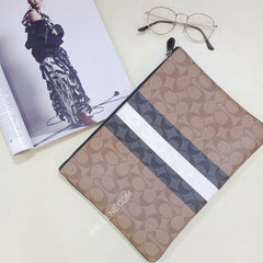 Coach 6720 Signature Blocked Large Pouch Tan Multi