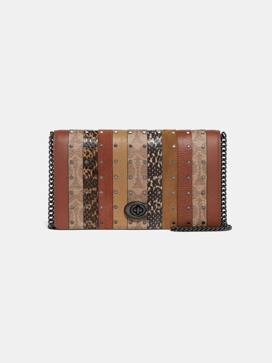 Coach 79603 Callie Foldover Chain Clutch With Patchwork Striples Snakeskin