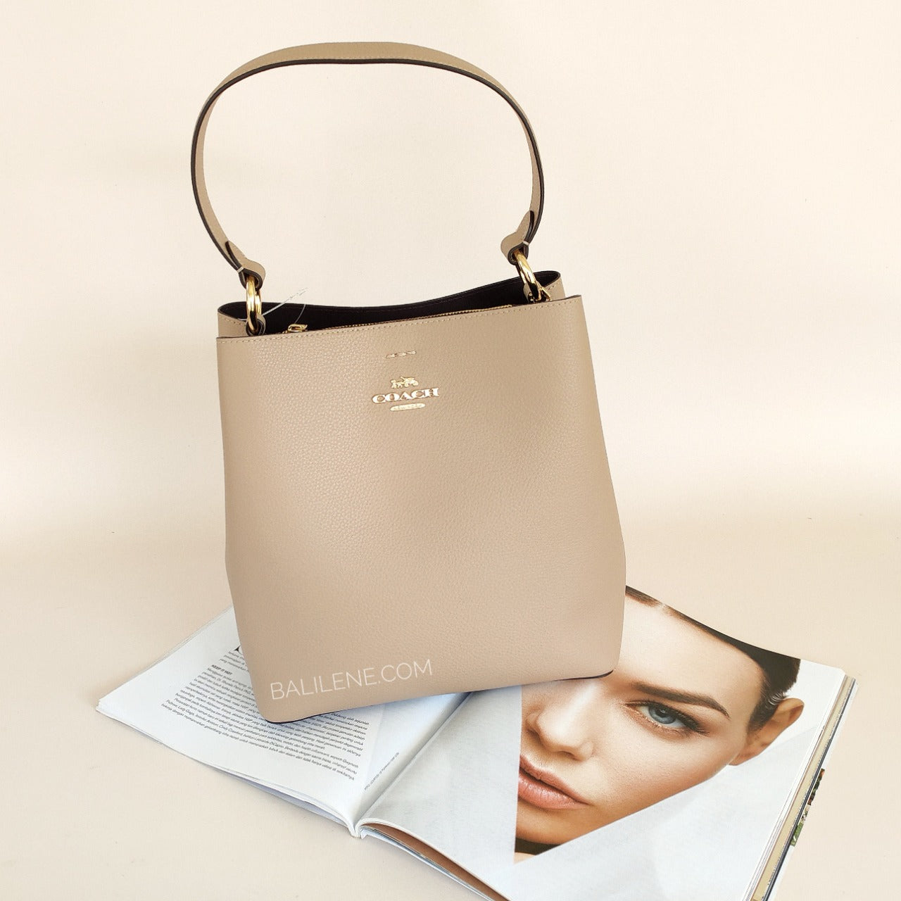 Coach 91122 Leather Town Bucket Bag Taupe Oxblood