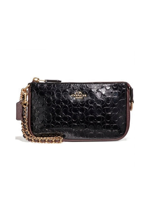Coach F11940 Large Wristlet 19 In Signature Debossed Patent Leather Black Oxblood
