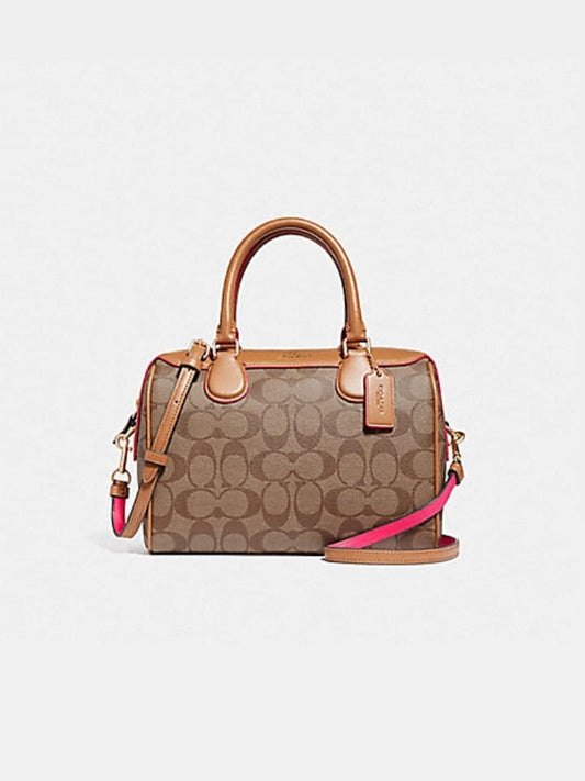Coach F38133 Mini Bennet Satchel Signature Canvas Khaki Neon Pink