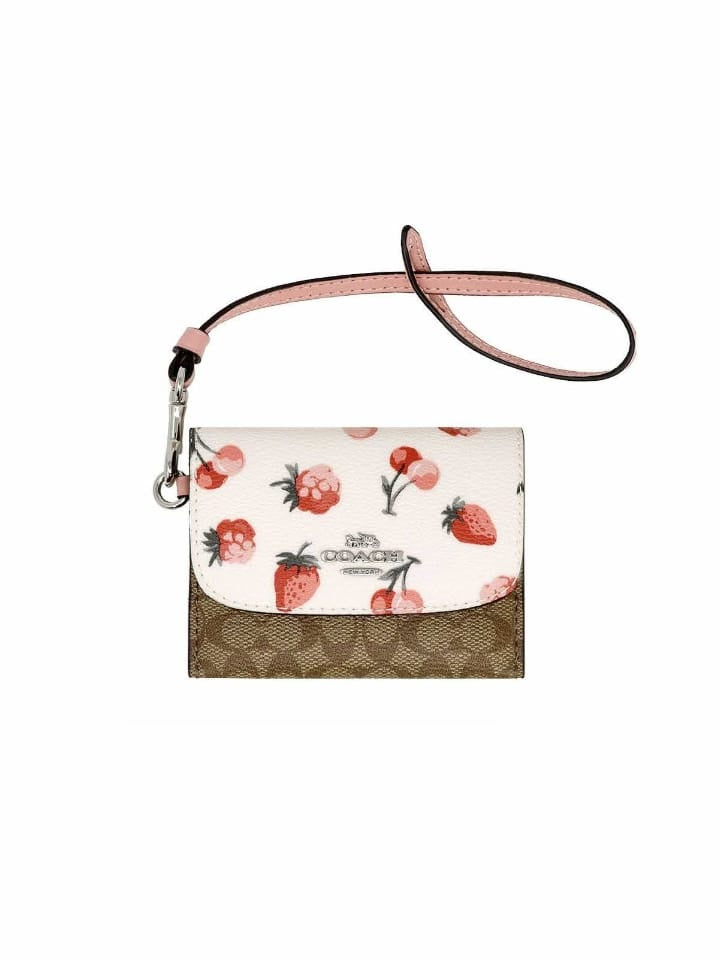 Coach F59176 Card Pouch In Signature Canvas With Fruit Print Khaki Multi