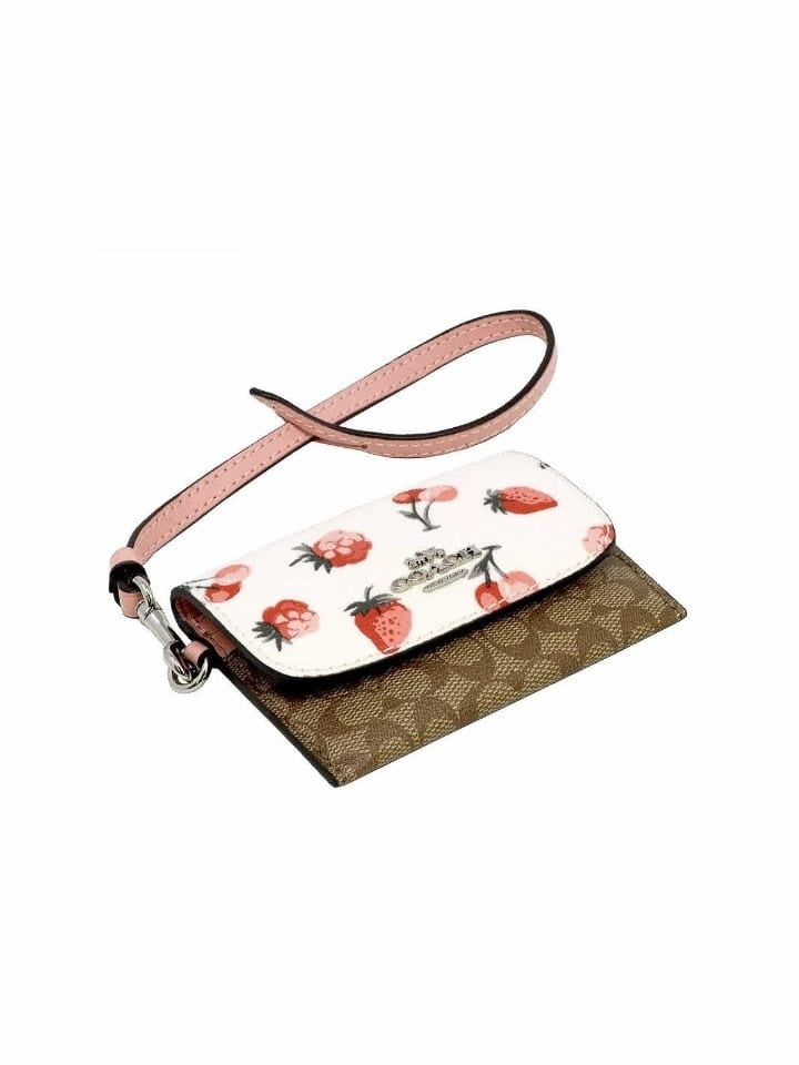 Coach F59176 Card Pouch In Signature Canvas With Fruit Print Khaki Multi