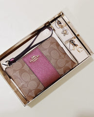 Coach F80151 Corner Zip Box Wristlet Signature Metalik Khaki Wine