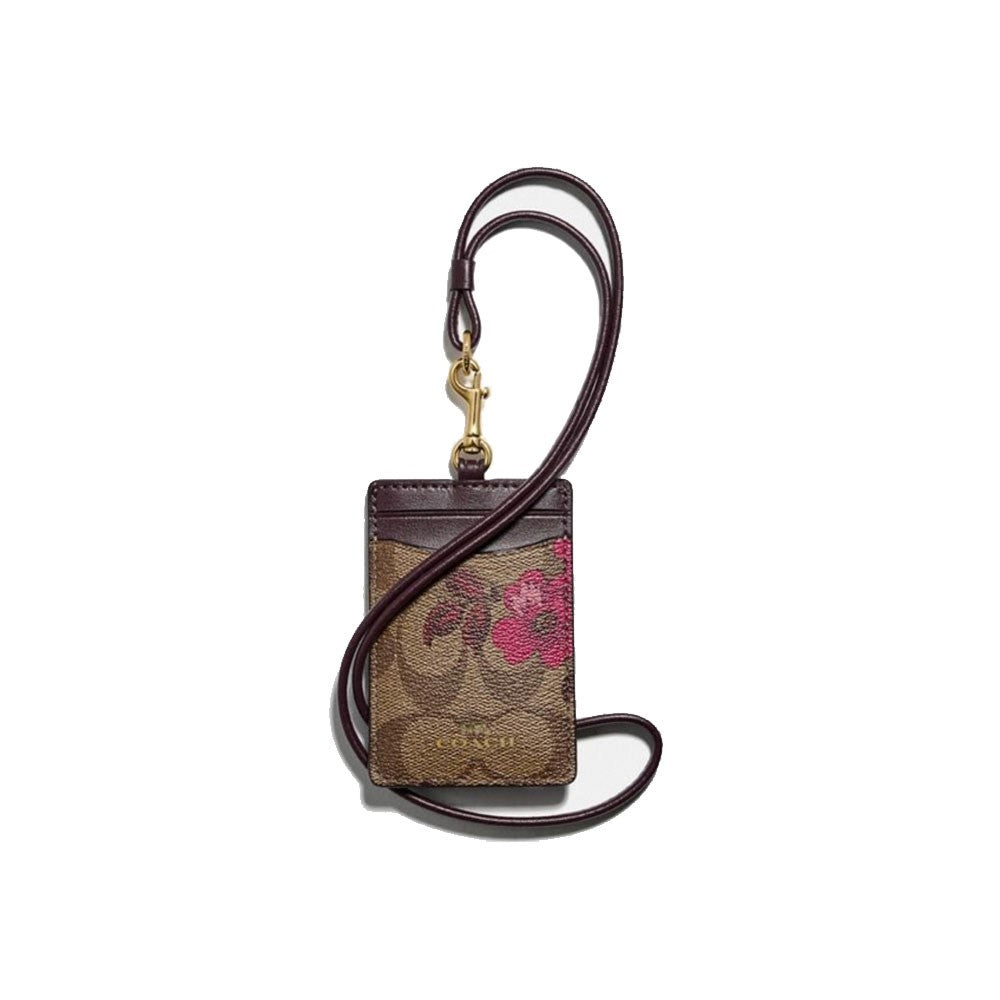 Coach F88058 Lanyard Id Case Signature Canvas With Victorian Floral Print Berry Multi
