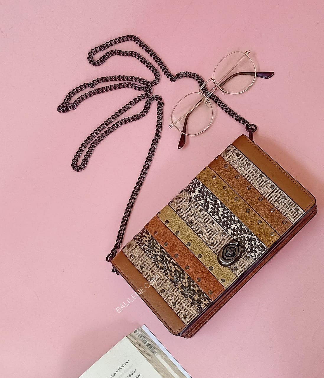 Coach 79603 Callie Foldover Chain Clutch With Patchwork Striples Snakeskin