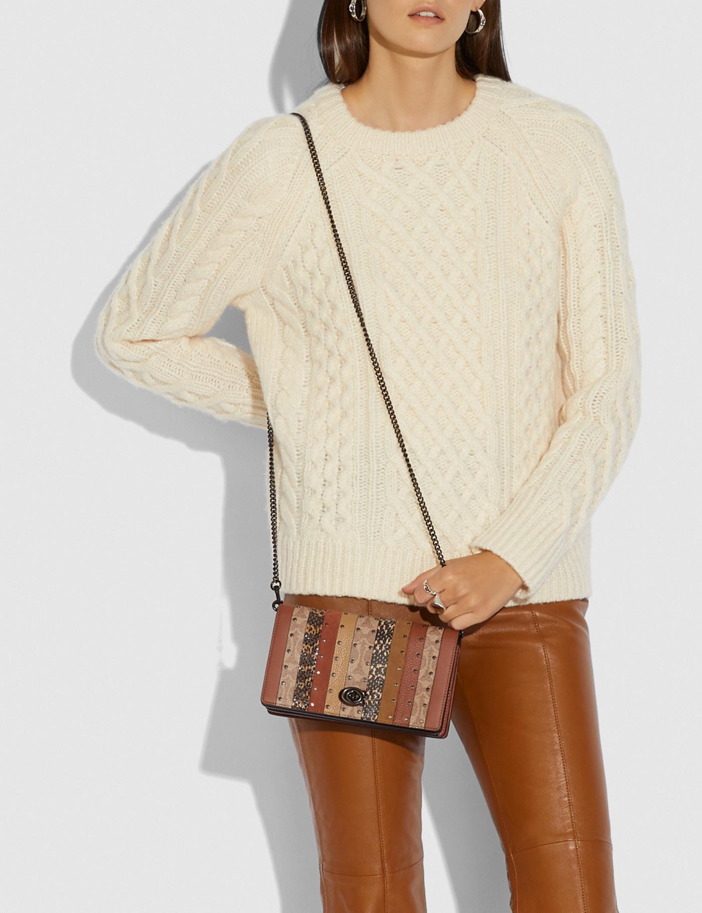 Coach 79603 Callie Foldover Chain Clutch With Patchwork Striples Snakeskin