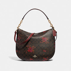 Coach F38050 Elle Hobo In Signature Floral Bundle Print Brown Metallic Currant