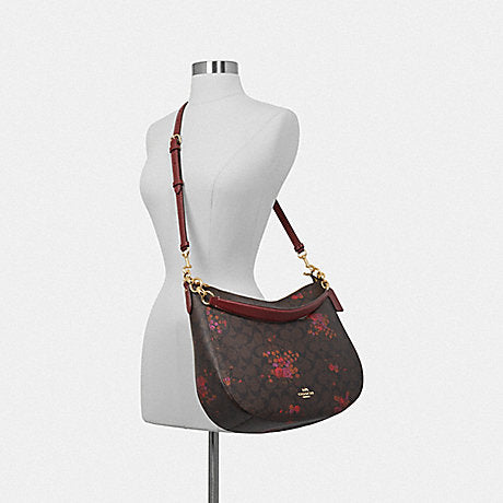 Coach F38050 Elle Hobo In Signature Floral Bundle Print Brown Metallic Currant