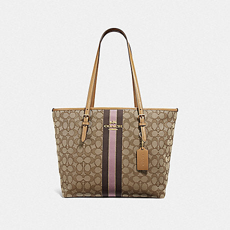 Coach F39043 Zip Top Tote In Signature Jacquard With Stripe In Khaki Multi