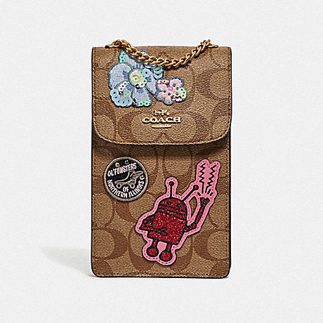 Coach F39955 Keith Harring Phone Crossbody In Signature Canvas With Patches Khaki Multi