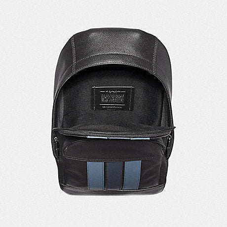 coach backpack with blue white stripe Coach F49318 Houston Pack With Varsity Stripe Black Denim Midnight Nav – Balilene