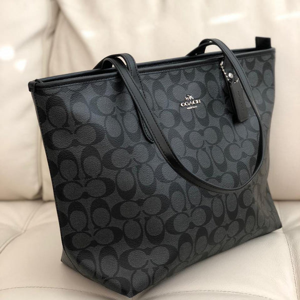 Coach F58292 Signature City Zip Tote Black Smoke Balilene
