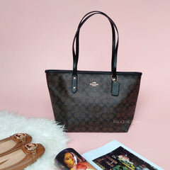 Coach F58292 Signature City Zip Tote Dark Brown