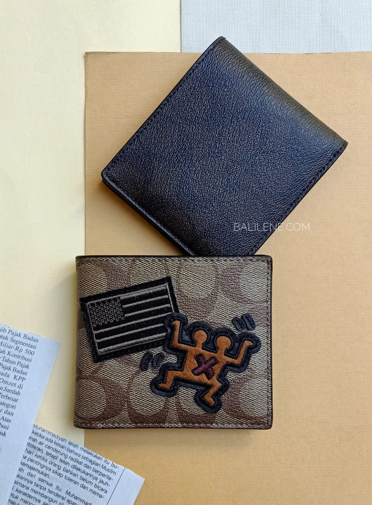 Coach F66591 Keith Haring Double Billfold Wallet In Signature Canvas With Patches Multi