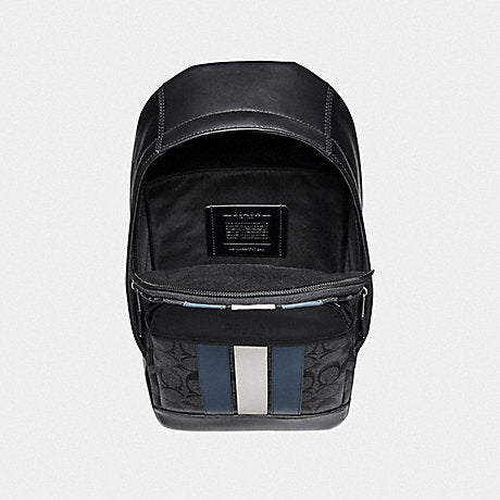 coach backpack with blue stripe Coach F67249 Houston Pack Signature Varsity Stripe Charcoal Denim Chal – Balilene