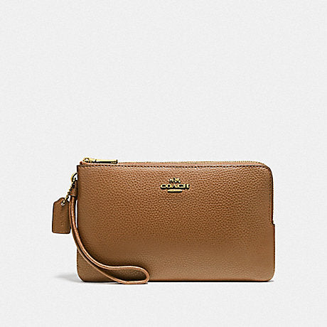 Coach Double Zip Wallet In Polished Pebble Leather Light Saddle