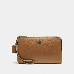 Coach Double Zip Wallet In Polished Pebble Leather Light Saddle