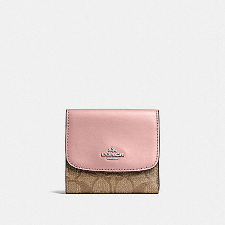 Coach F87589 Small Trifold Wallet Snap Pvc Leather Khaki Petal Pink