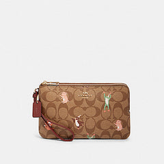 Coach F87910 Double Wallet Print Animal Khaki Pink Multi