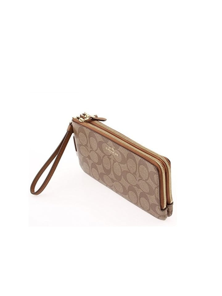 Coach f16109 Sig PVC Double Zip Large Wallet Khaki Saddle