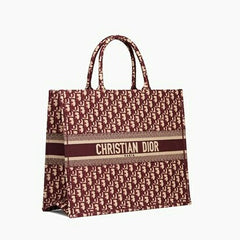 Dior Book Tote Bag In Embroidered Canvas Oblique Bordeaux