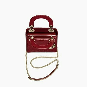 Dior Mini Lady Bag With Chain In Cherry Red Patent Cannage Calfskin