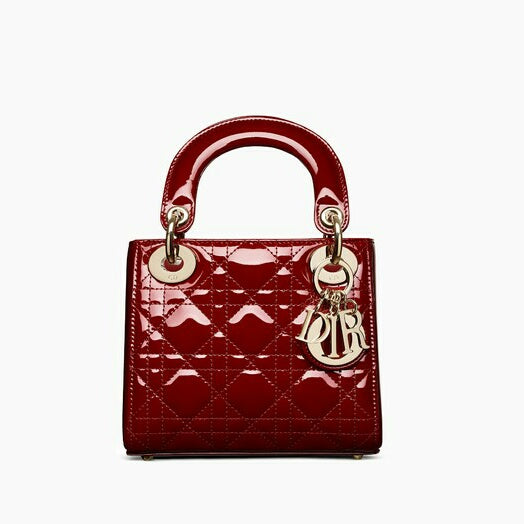 Dior Mini Lady Bag With Chain In Cherry Red Patent Cannage Calfskin