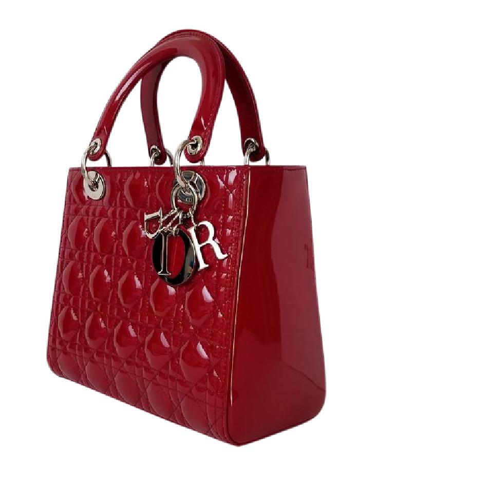 Dior Mini Lady Bag With Chain In Cherry Red Patent Cannage Calfskin