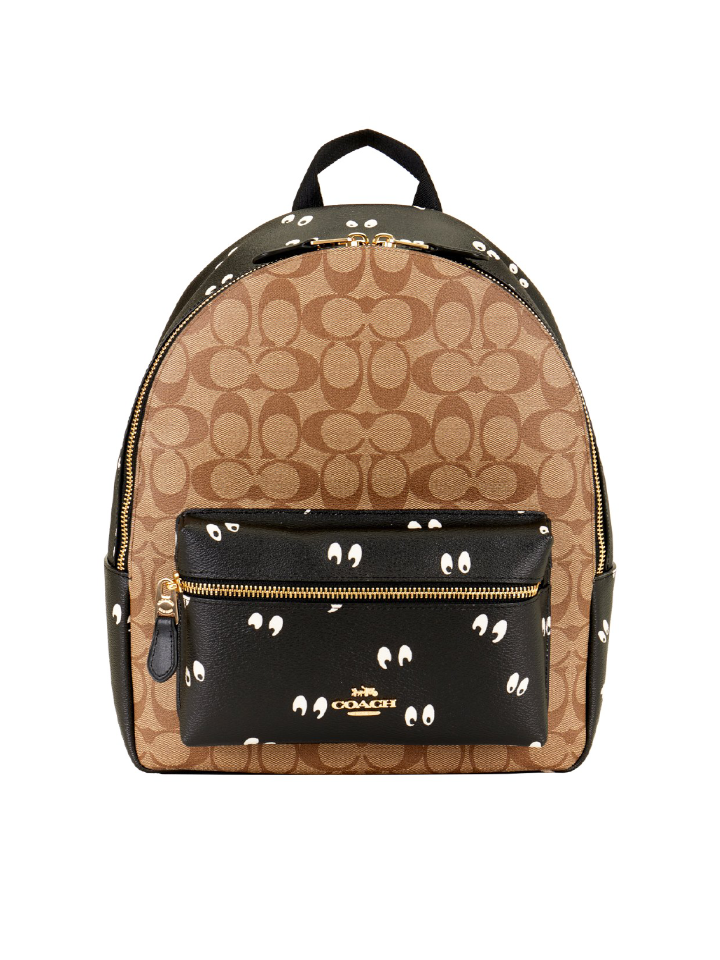 Disney X Coach F72816 Medium Charlie Backpack In Signature Canvas With Snow White And The Seven Dwarfs Eyes Print Khaki Multi