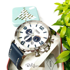 Jam Tangan Fossil Nate Chronograph Navy Leather Watch JR1480