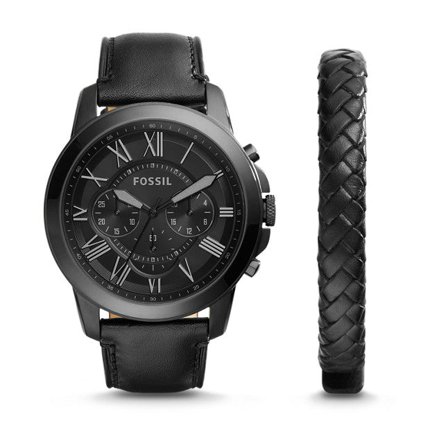 Fossil FS5147SET Grant Chronograph Black Leather Watch And Bracelet Set