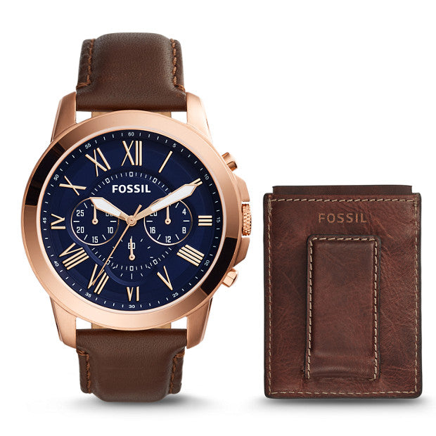 Fossil FS5188SET Men's Grant Chronograph Dark Brown Leather Strap Watch Set