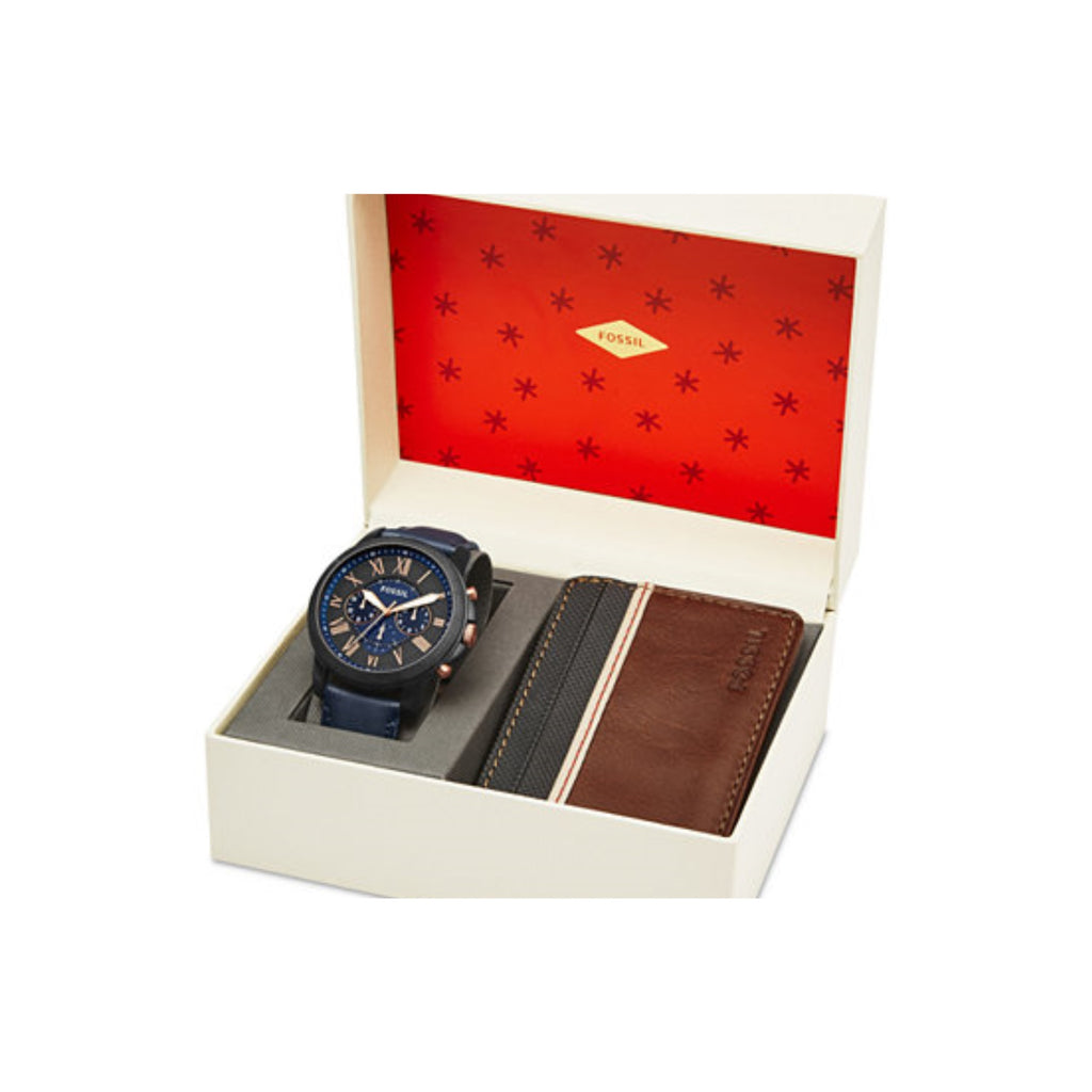 Fossil FS5252SET  Men's Chronograph Grant Blue Leather Strap Watch & Leather Card Wallet Box