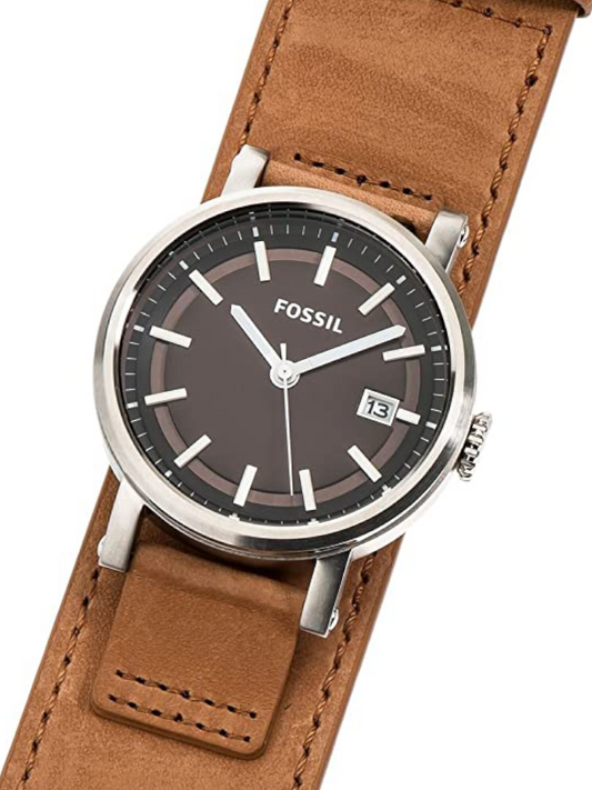 Fossil C221004-2 Armbandurn Edelstahl Lederband Braun Round Camel