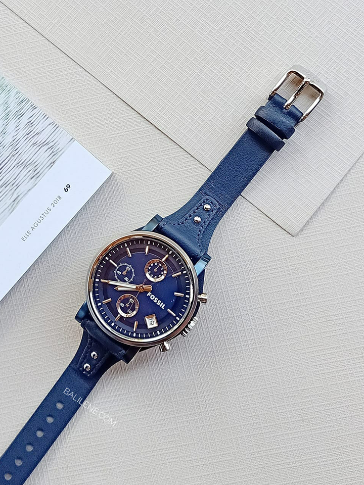Jam Tangan Fossil Es4113 Boyfriend Sport Chronograph Blue Leather