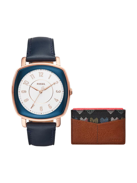 Fossil ES4248SET Idealist Three-Hand Blue Leather Watch and Card Case Box Set