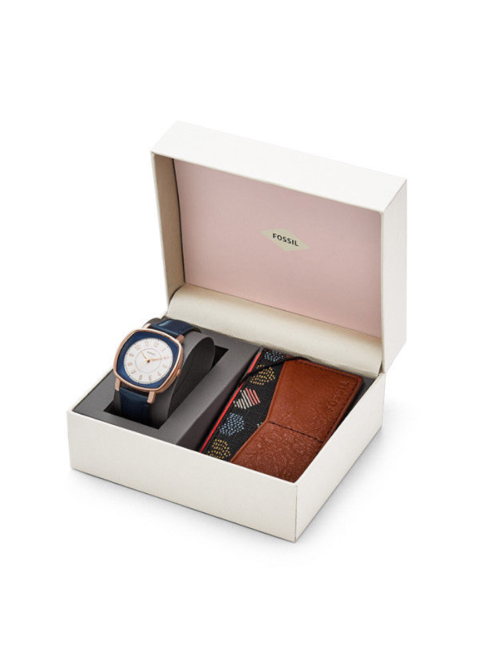 Fossil ES4248SET Idealist Three-Hand Blue Leather Watch and Card Case Box Set