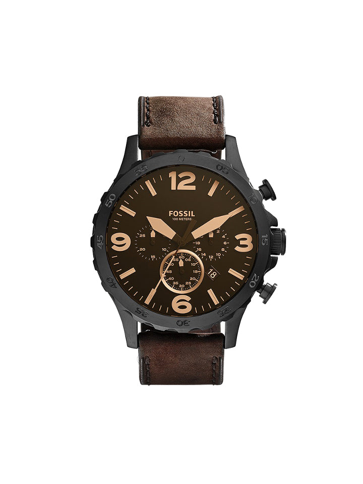 Fossil JR1487 Nate Chronograph Brown Dial Brown Leather Watch