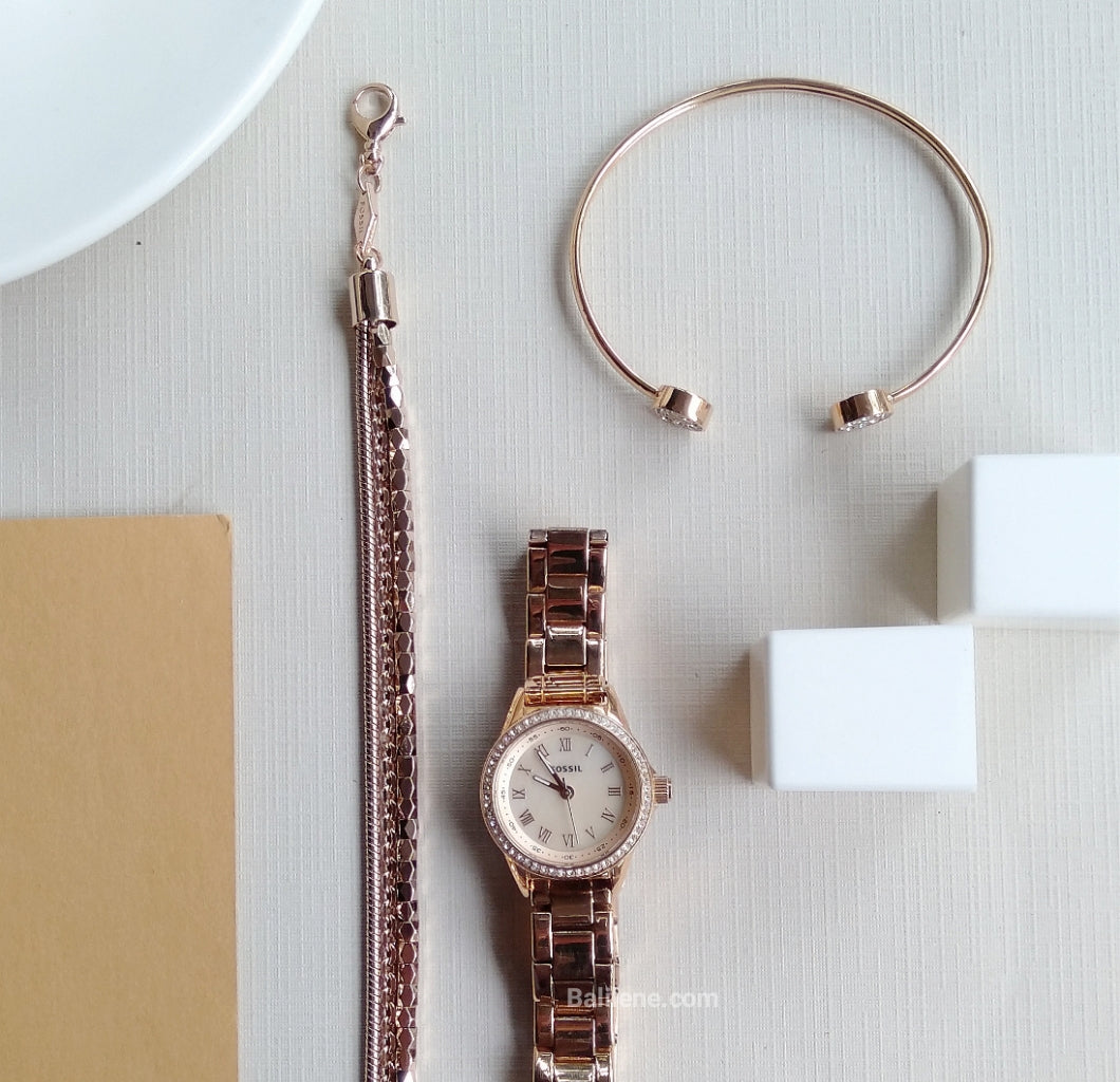 Fossil BQ3148SET Blythe Three-Hand Rose Gold Tone Stainless Steel And Jewelry Gift Set