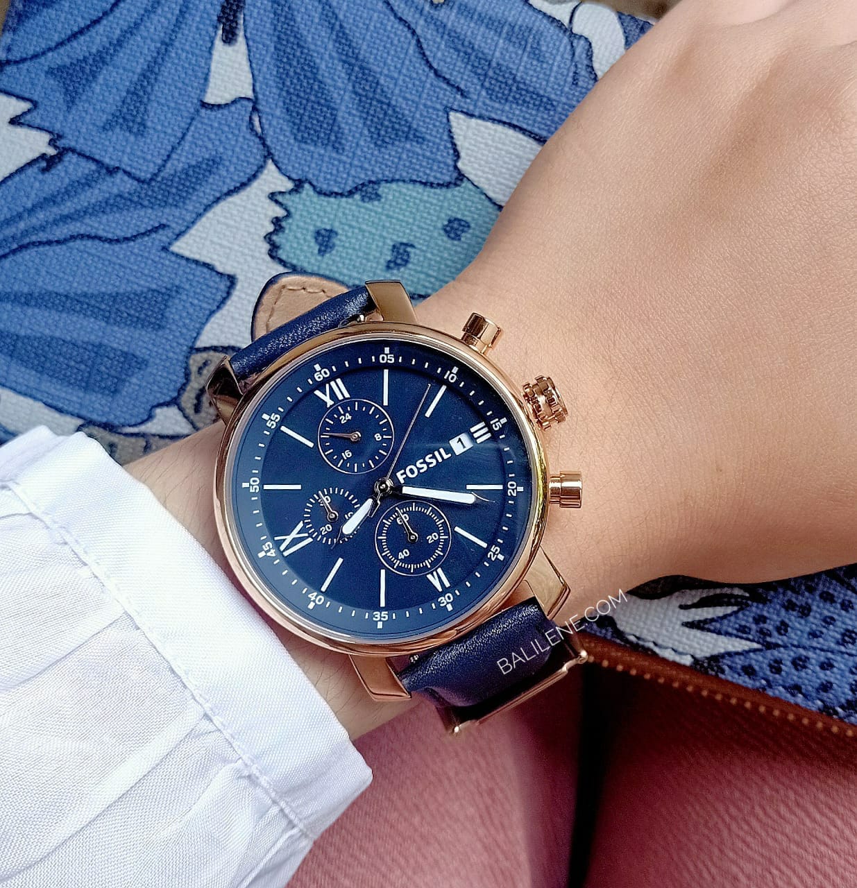 Fossil Bq1704 Men Rhett Chronograph Leather Strap Navy Gold