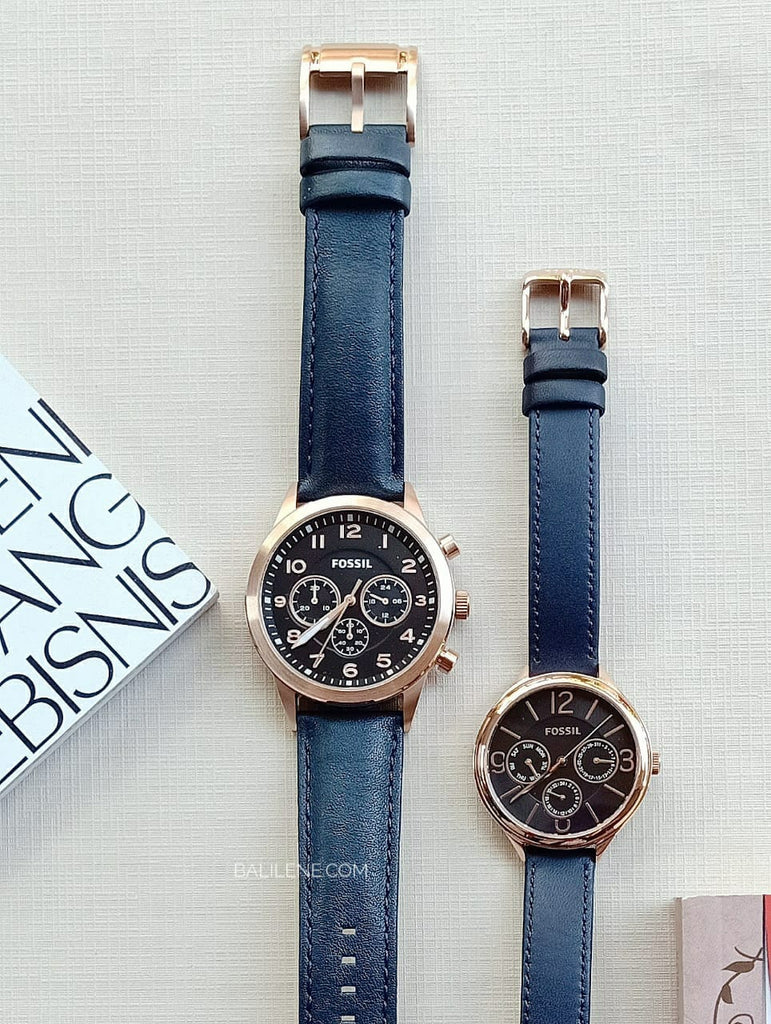 Fossil Bq2186set His Chronograph And Her Multifunction Navy Leather Watch Gift Set
