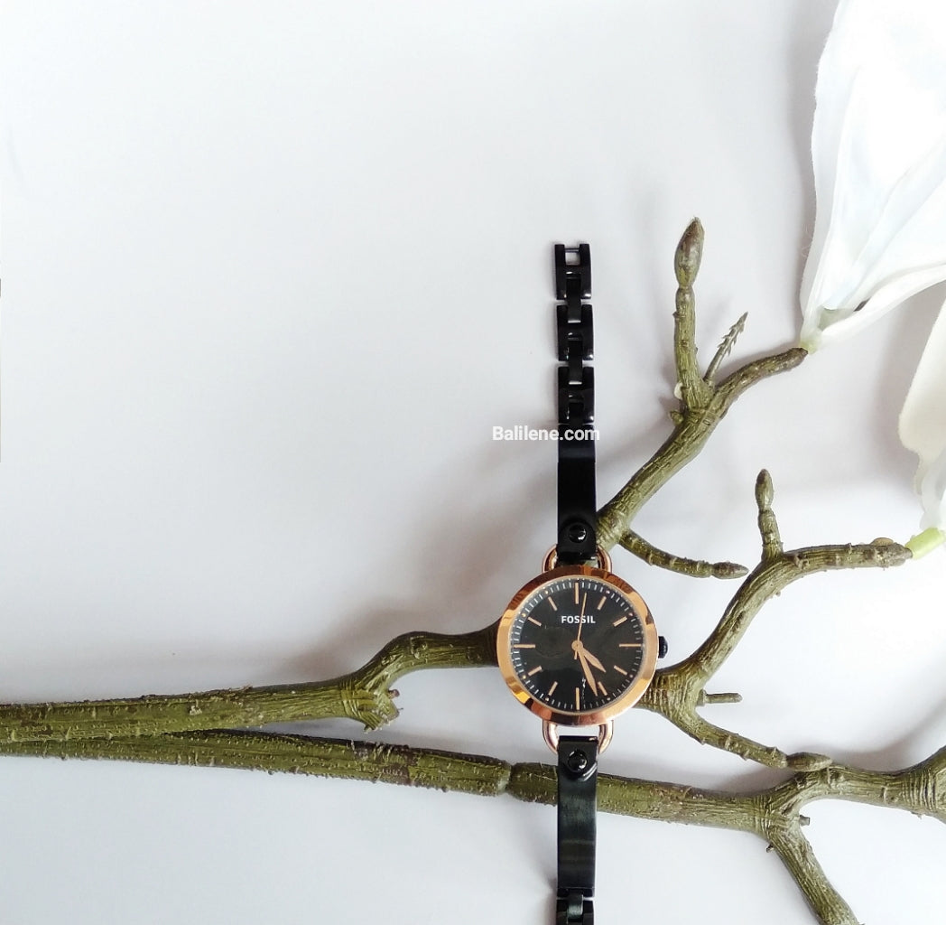 Fossil Bq3027 Classic Minute Three-Hand Rose Gold-Tone Black Stainless Steel Watch