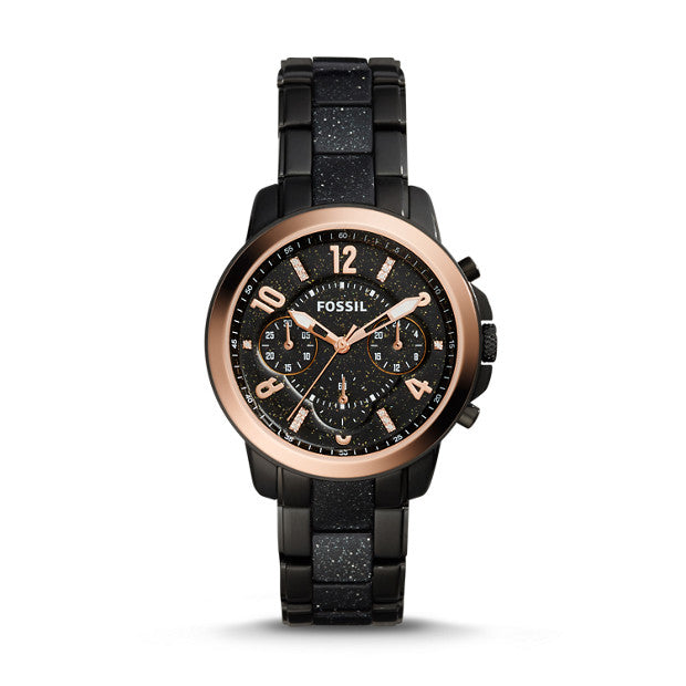 Fossil Es4117 Gwynn Chronograph Black Stainless Steel And Glitter Acetate Watch
