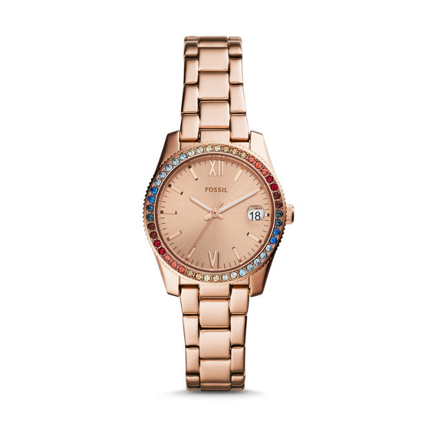 Fossil Es4491 Scarlette Mini Three hand Date Rose Gold tone Watch Balilene