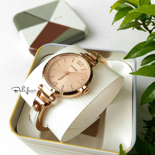 Fossil ES3261 Georgia White Leather and Rose Gold-tone Stainless Steel Watch