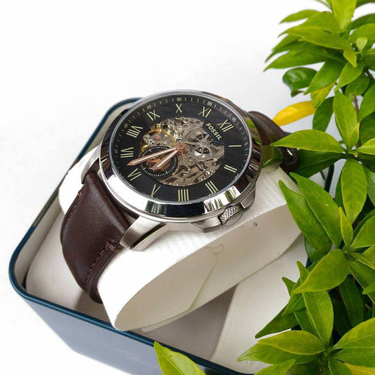 Fossil Me3095 Grant Automatic Black Dial Brown Leather Strap Watch